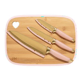 Paris Hilton 7-Piece Reversible Bamboo Heart Cutting Board and Stainless Steel Cutlery Set, Pink