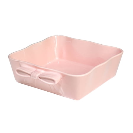Paris Hilton Ceramic Square Baking & Casserole Dish, 8 x 8 x 2.75 in, Oven Safe to 450°F, Dishwasher & Microwave Safe, Pink with Bow Handles