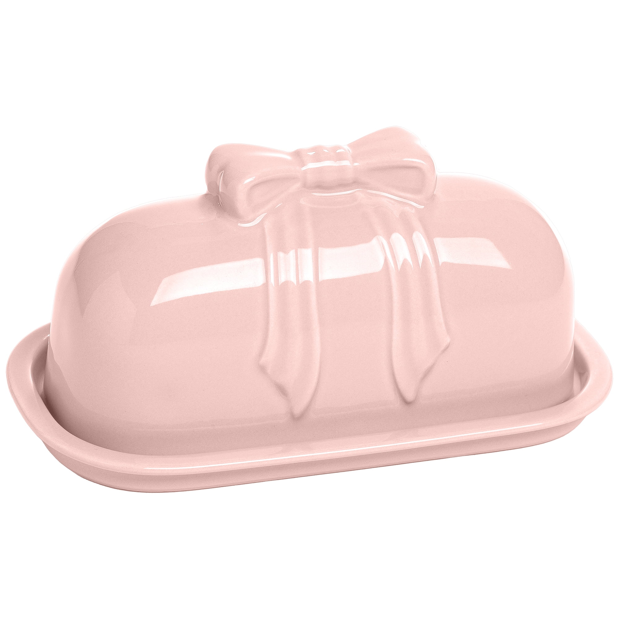 Stoneware Bow Butter Dish, 2-Piece Stoneware, Microwave & Dishwasher Safe, Blush Pink