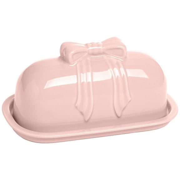 Paris Hilton London Collection Stoneware Bow Butter Dish, 2-Piece Stoneware, Microwave & Dishwasher Safe, Blush Pink