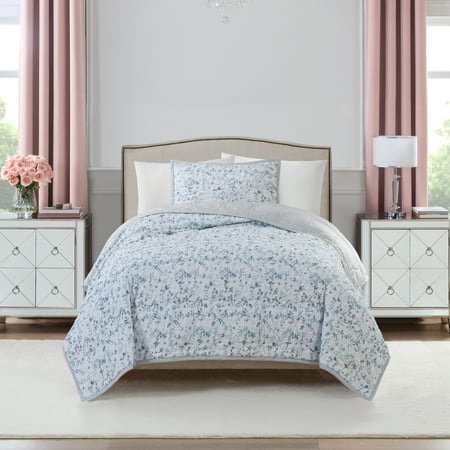 Paris Hilton Camille Lilac Grey Floral Quilt Set, Twin, Reversible 2-Piece Bedding, Lightweight