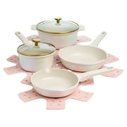 Paris Hilton Clean Ceramic Nonstick Cast Aluminum Cookware Set with Heart Knobs, Iridescent White