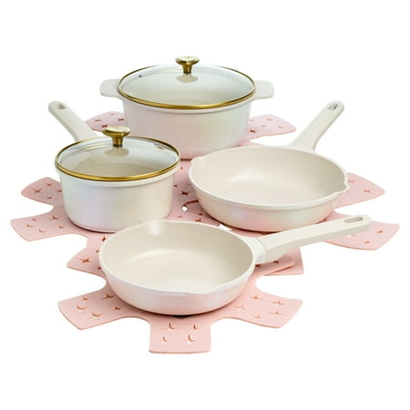 Paris Hilton Clean Ceramic Nonstick Cast Aluminum Cookware Set with Heart Knobs, Iridescent White