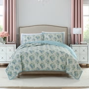Paris Hilton Coquette Blue Floral Quilt Set, Full/Queen, Reversible 3-Piece Bedding, Lightweight