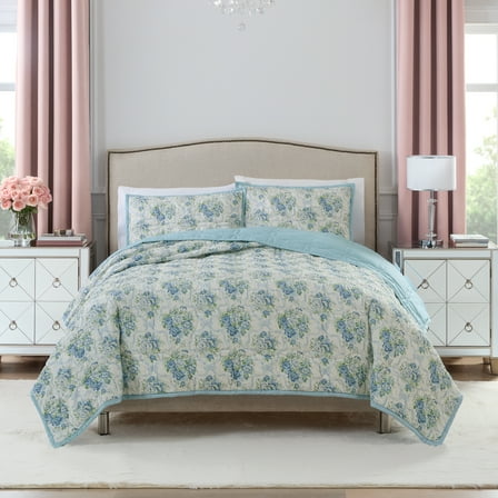 Paris Hilton Coquette Blue Floral Quilt Set, Full/Queen, Reversible 3-Piece Bedding, Lightweight