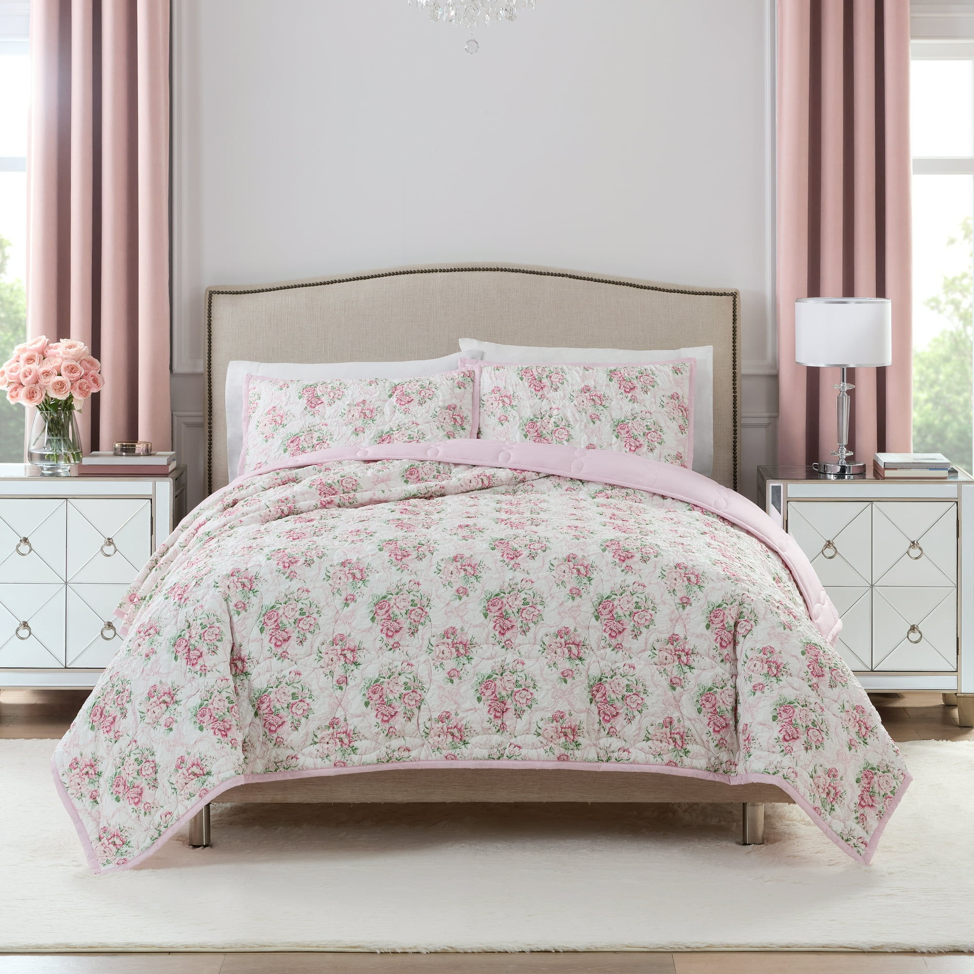 Paris Hilton Coquette Blush Pink Floral Quilt Set, Full/Queen, Reversible 3-Piece Bedding, Lightweight