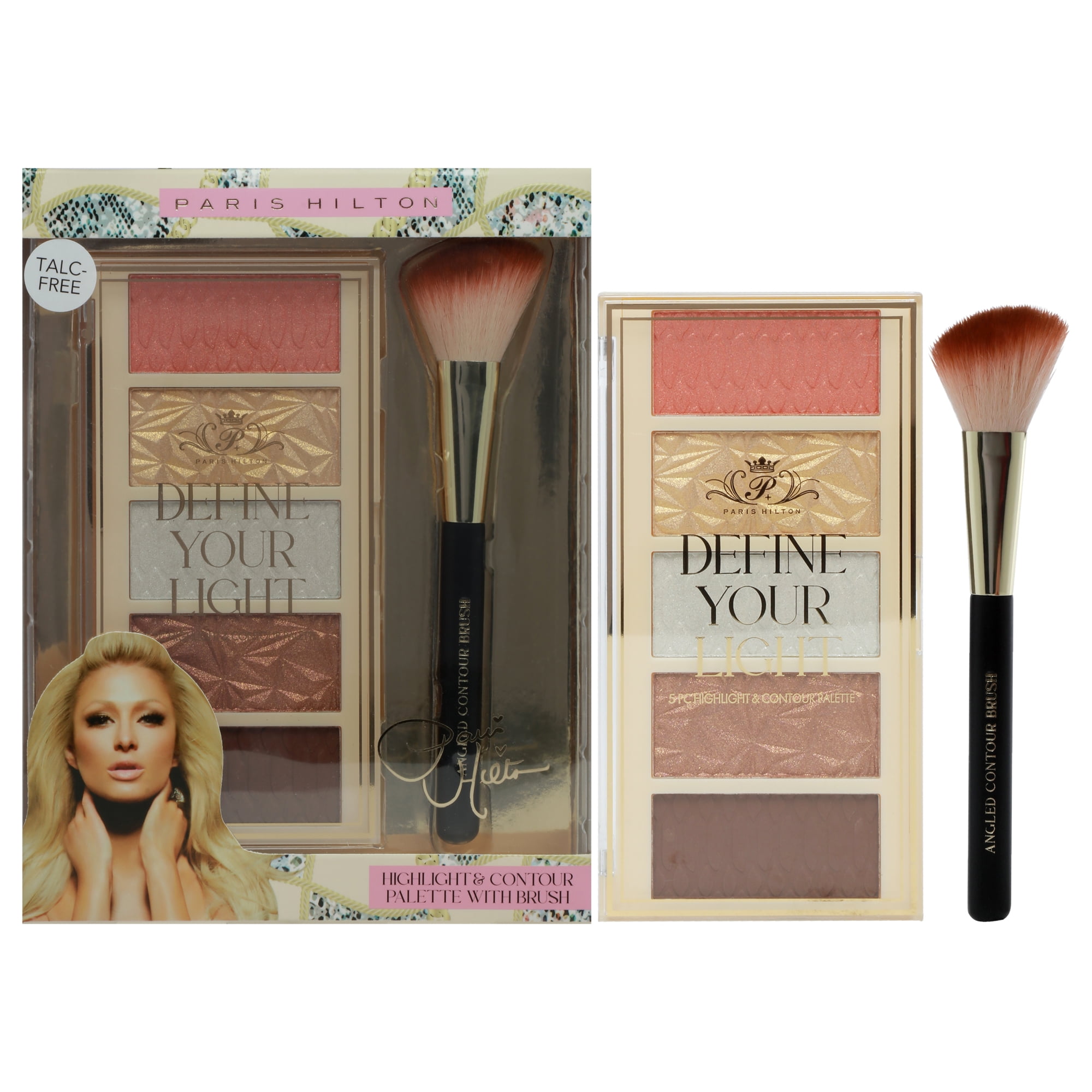 Paris Hilton Cosmetics Define Your Light Set , 6 Pc 2 x 0.17oz Highlighter, 0.17oz Bronzer, 0.17oz Contour, 0.17oz Blush, Angled Contour Brush