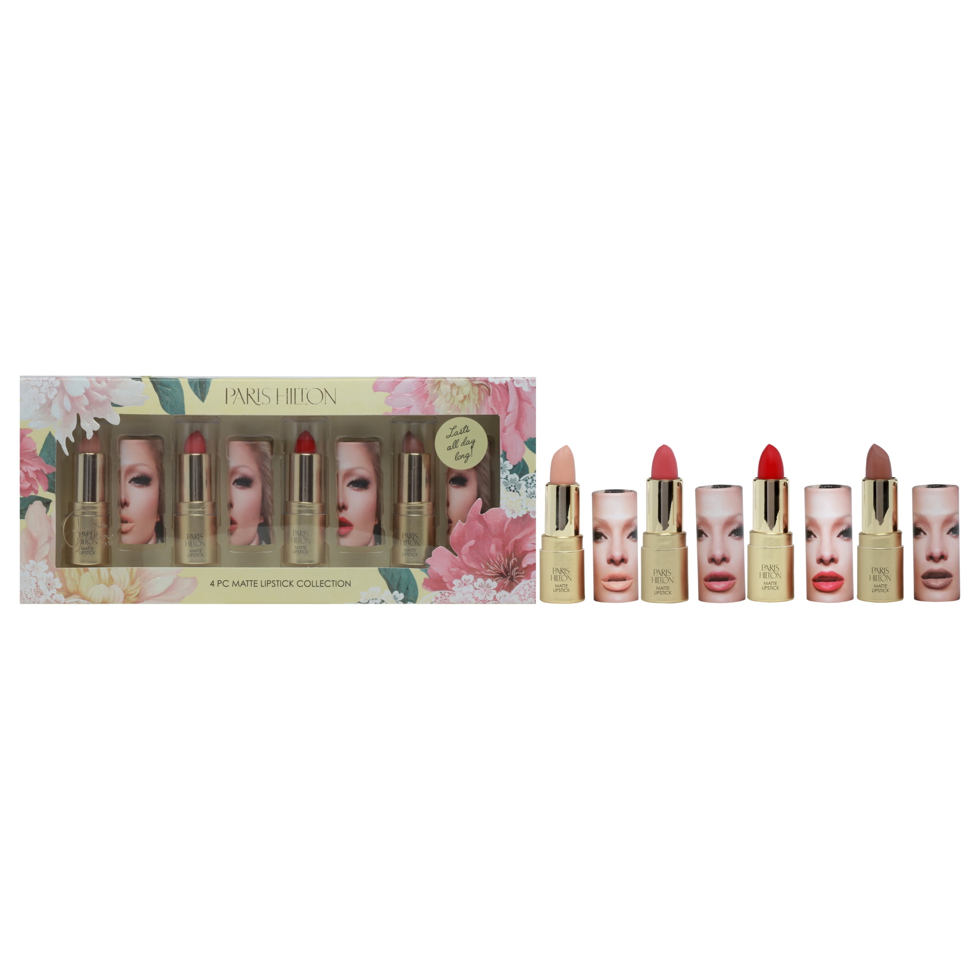 Paris Hilton Cosmetics Matte Lipstick Collection , 4 Pc 0.12oz Bombshell Matte Lipstick, 0.12oz Brave Matte Lipstick, 0.12oz First Love Matte Lipstick, 0.12oz Diva Matte Lipstick
