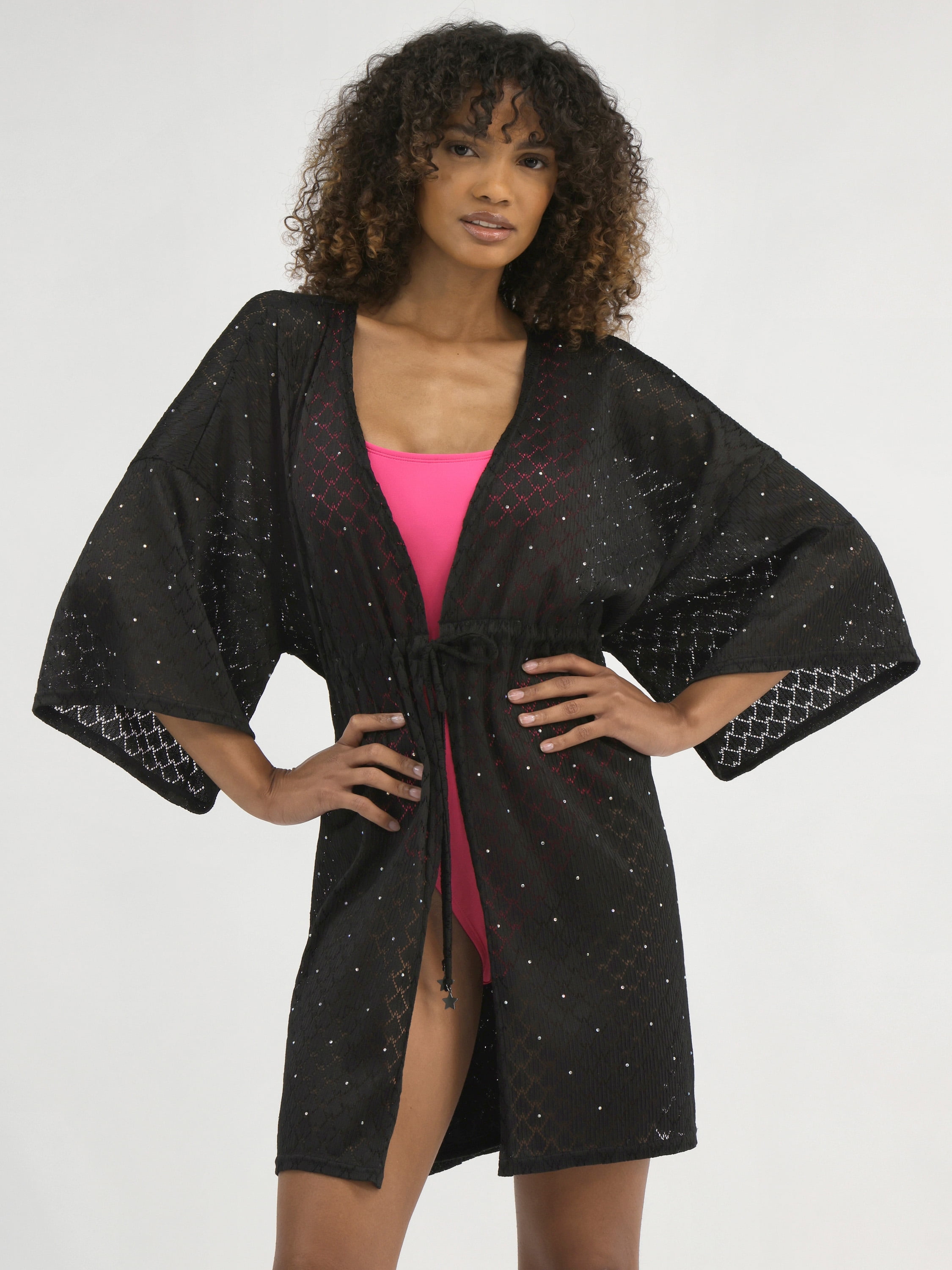 Paris Hilton Women’s Mesh  Coverup with Rhinestones, Size S-3X, Black