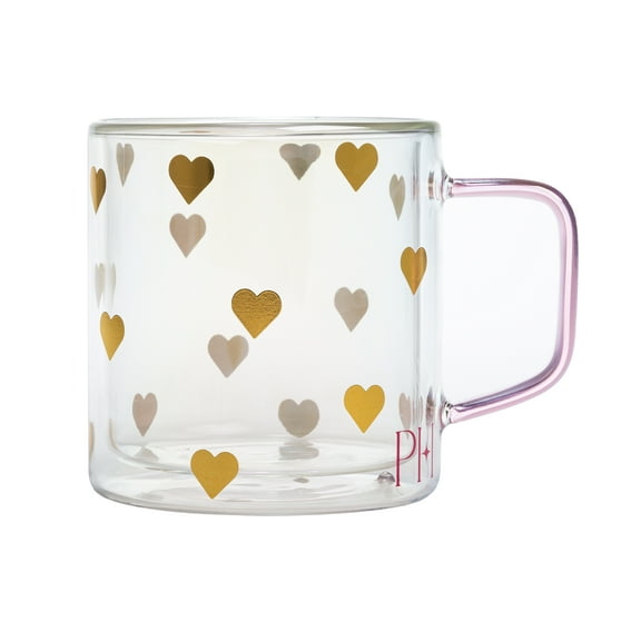 Paris Hilton Double Wall Glass Coffee Mug,13.5 Ounces, Hearts