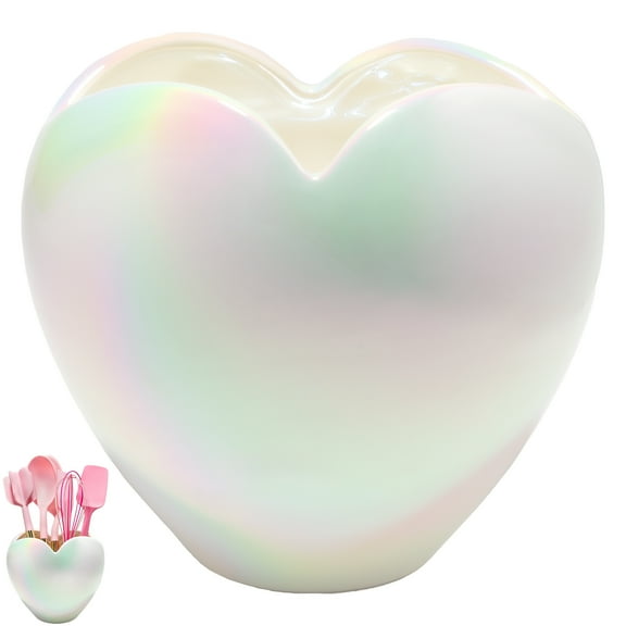 Paris Hilton Heart-Shaped Utensil Crock, Multipurpose Utensil Holder, Fits Up to 18 Kitchen Gadgets, Decorative Vase, White Rainbow Iridescent