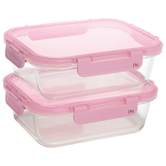 Paris Hilton 2-Piece Glass Food Storage Containers with Lids for Meal Prep, Microwave & Dishwasher Safe, Leak-Proof, 4.3 Cup Capacity, Pink