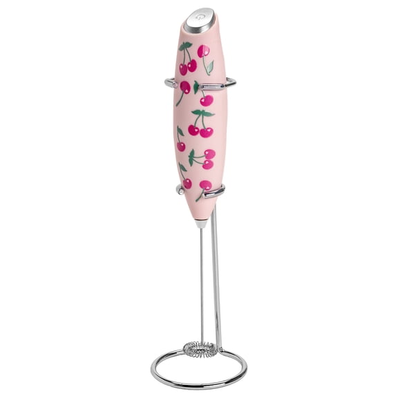 Paris Hilton Handheld Milk Frother with Stand, Cherry Design, Stainless Steel Whisk, Pink