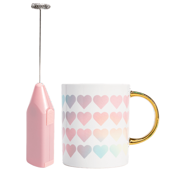 Paris Hilton Hearts 16oz Ceramic Coffee Mug and Electric Milk Frother Set - Battery Powered, 2-Pieces, Pink