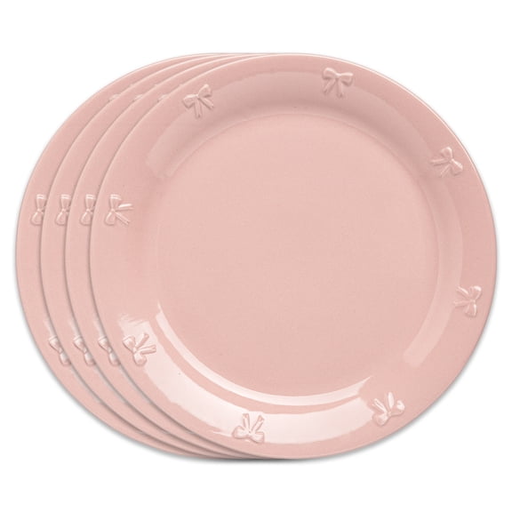 Paris Hilton London Collection 10.5-Inch Stoneware Ceramic Dinner Plates, Set of 4, Microwave & Dishwasher Safe, Pink with Embossed Bow Detailing