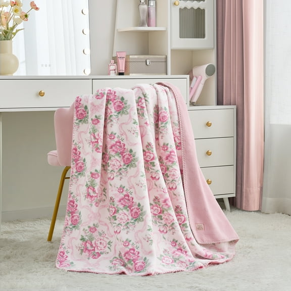 Paris Hilton Luxe Plush Oversized Reversible Coquette Floral Pink Throw, for Adults and Teens
