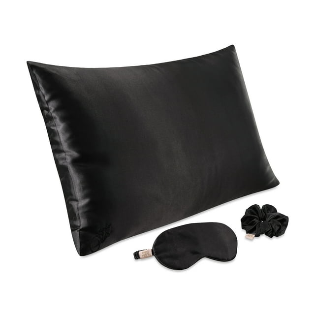 Paris Hilton Luxury Satin Sleep Set, Black, 3-Piece, Standard Satin Pillow Case, Eyemask & Hair Scrunchie