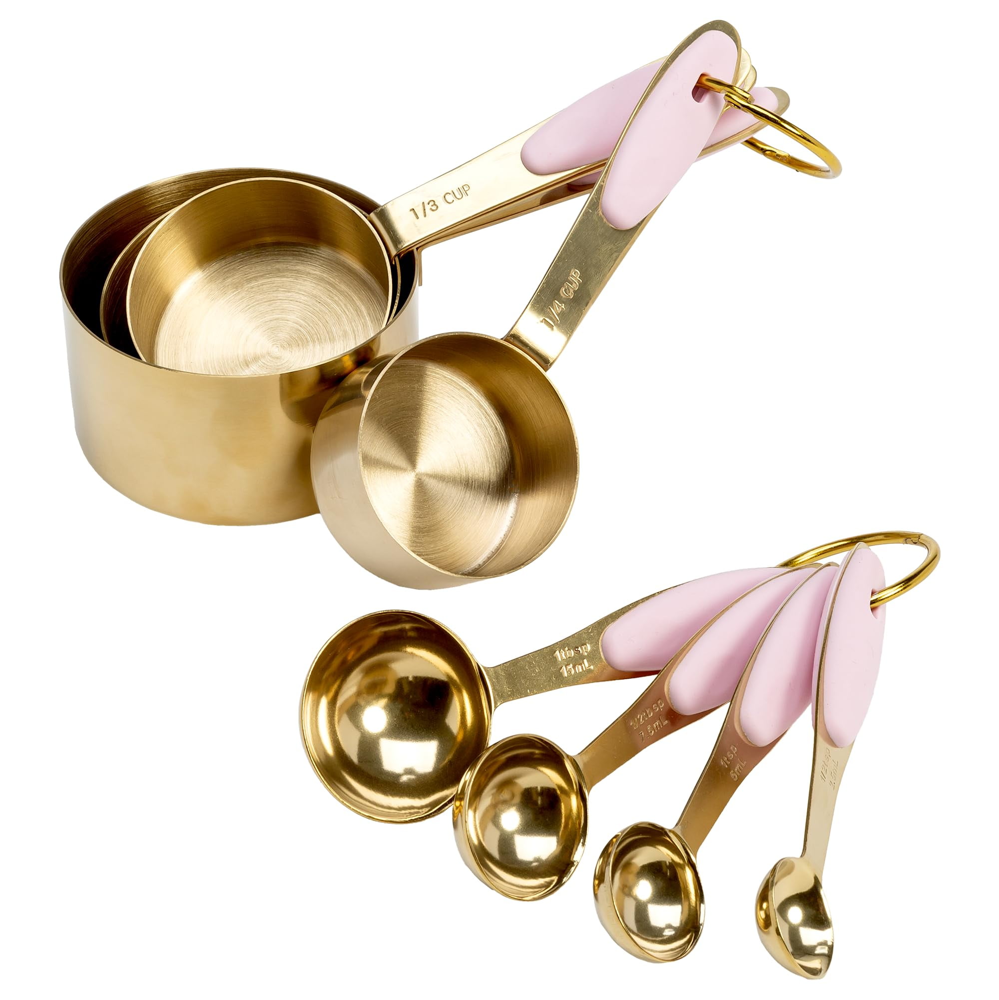 Gold Stainless Steel Measuring Cups and Spoons Set with Pink Silicone Handles