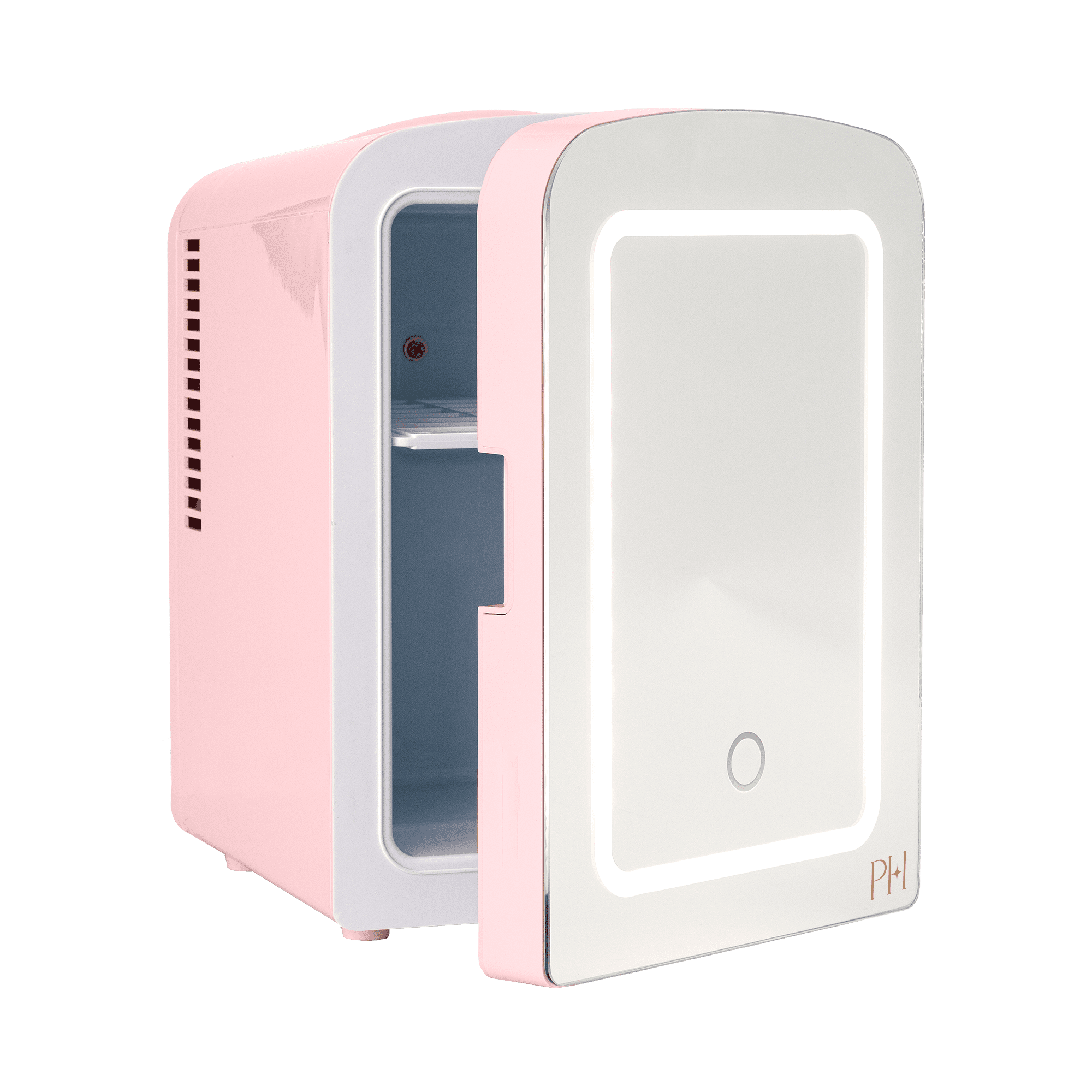 Compact Pink Mini Fridge with Mirrored Door and LED Light