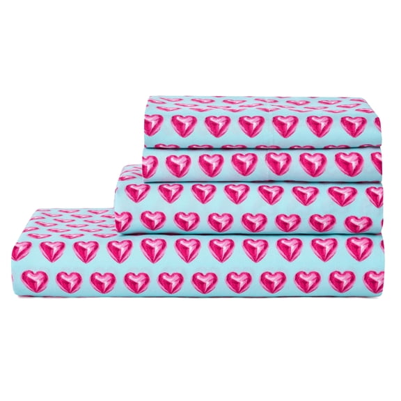 Paris Hilton Hearts 4-Piece Microfiber Bed Sheet Set, Queen, Deep Pocket, Blue/Pink