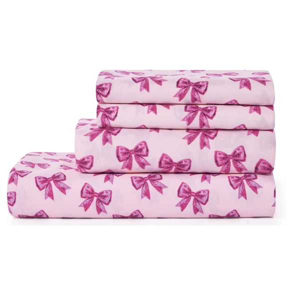 Paris Hilton Bows 4-Piece Microfiber Bed Sheet Set for Women, Queen, Deep Pocket, Pink