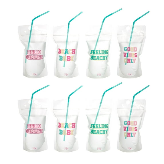 Paris Hilton 16 Ounce Reusable Drink Pouch Set with Straws, Beach Babe, 8 Pack