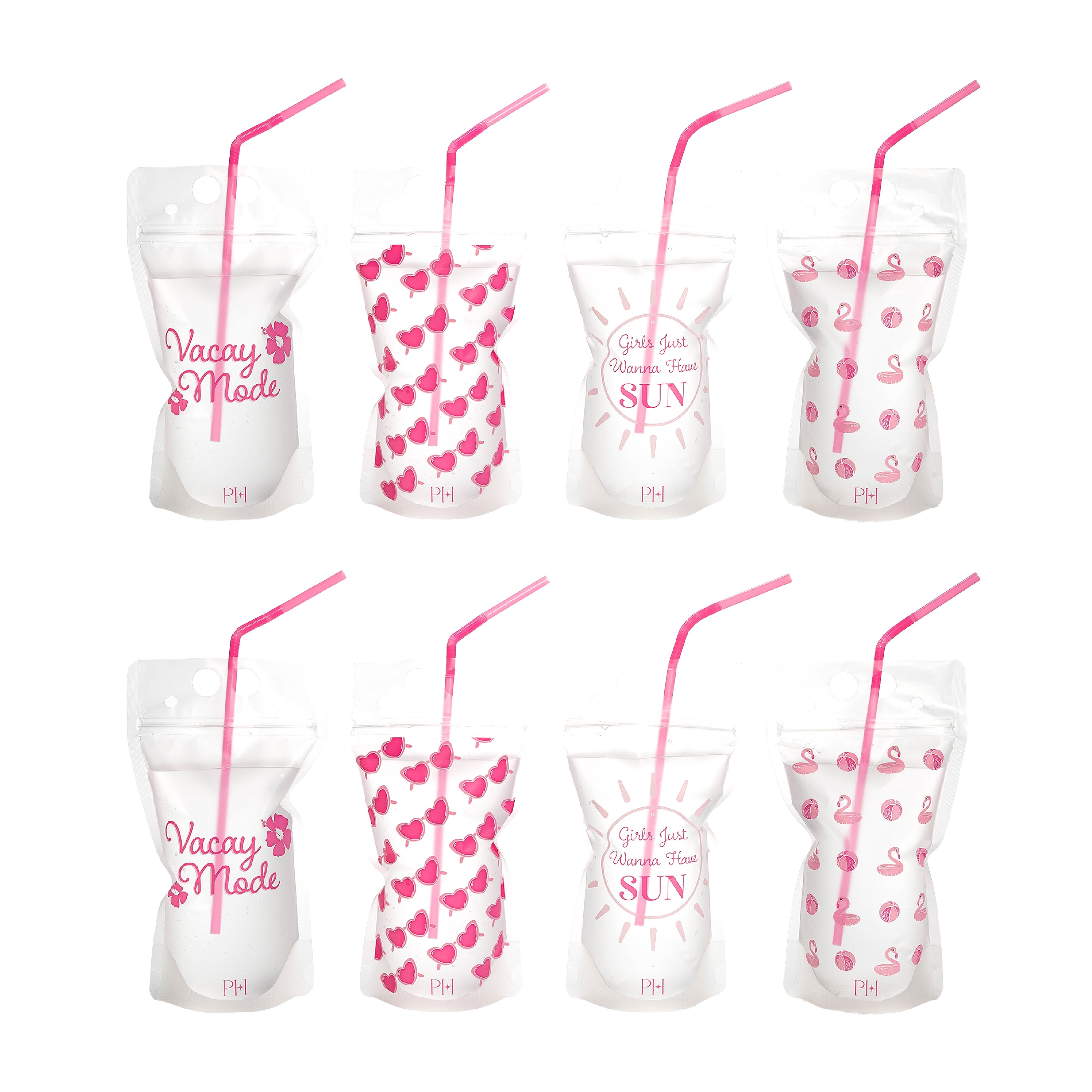 Paris Hilton 16-Ounce Reusable Drink Pouch Set with Straws, Vacay Mode, 8 Pack