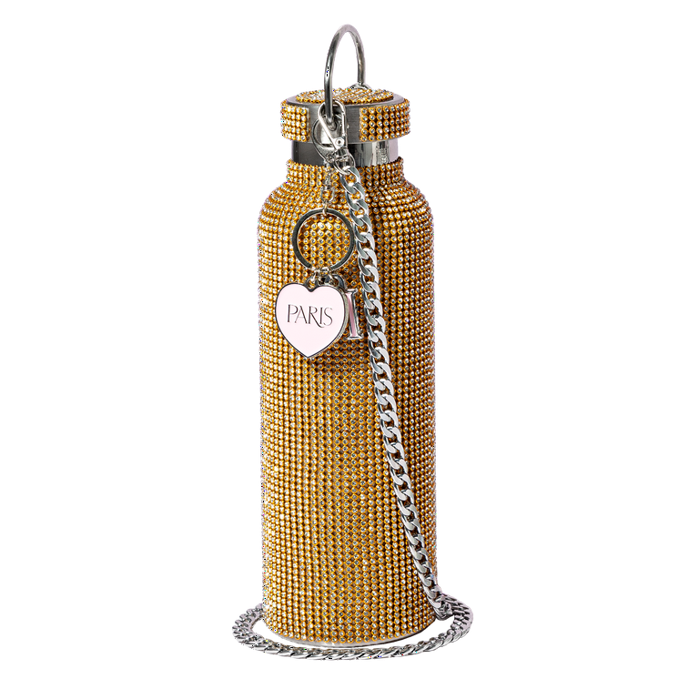 Paris Hilton Rhinestone Stainless Steel Water Bottle with Carry Strap, Gold, 25 Fluid Ounces