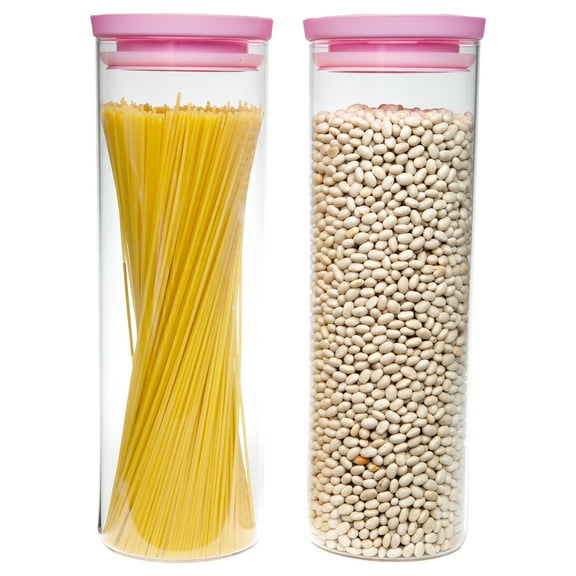 Paris Hilton 2-Piece Glass Food Storage Canister Set with Lids, Kitchen Containers for Flour, Sugar, & Pasta, 7 Cup Capacity, Pink