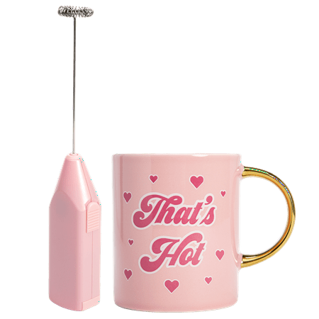 Paris Hilton "That's Hot" 16oz Ceramic Coffee Mug and Electric Milk Frother Set - Battery Powered, 2-Pieces, Pink