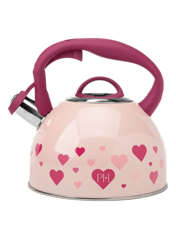 Paris Hilton Whistling Tea Kettle Stainless Steel, Shimmering Finish with Heart Decal, 2.2-Quart, Pink