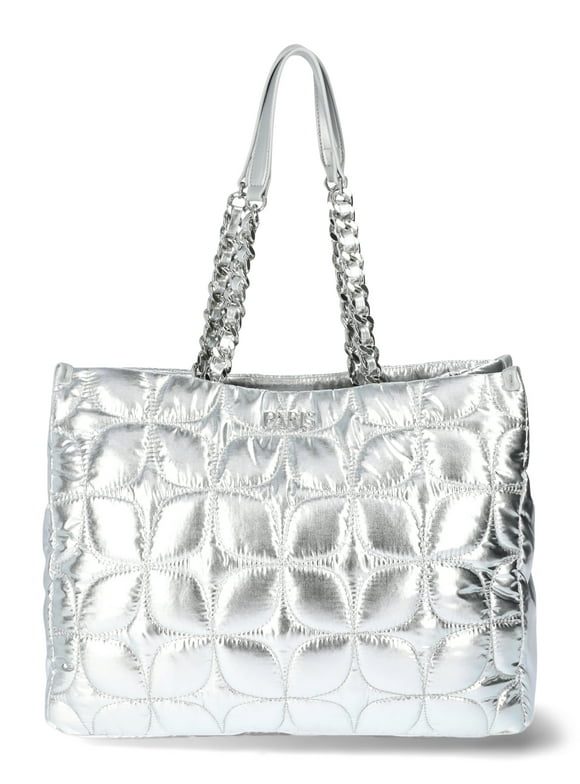 Paris Hilton Women's Carson Quilted Nylon Triple Compartment Tote, Silver Metallic