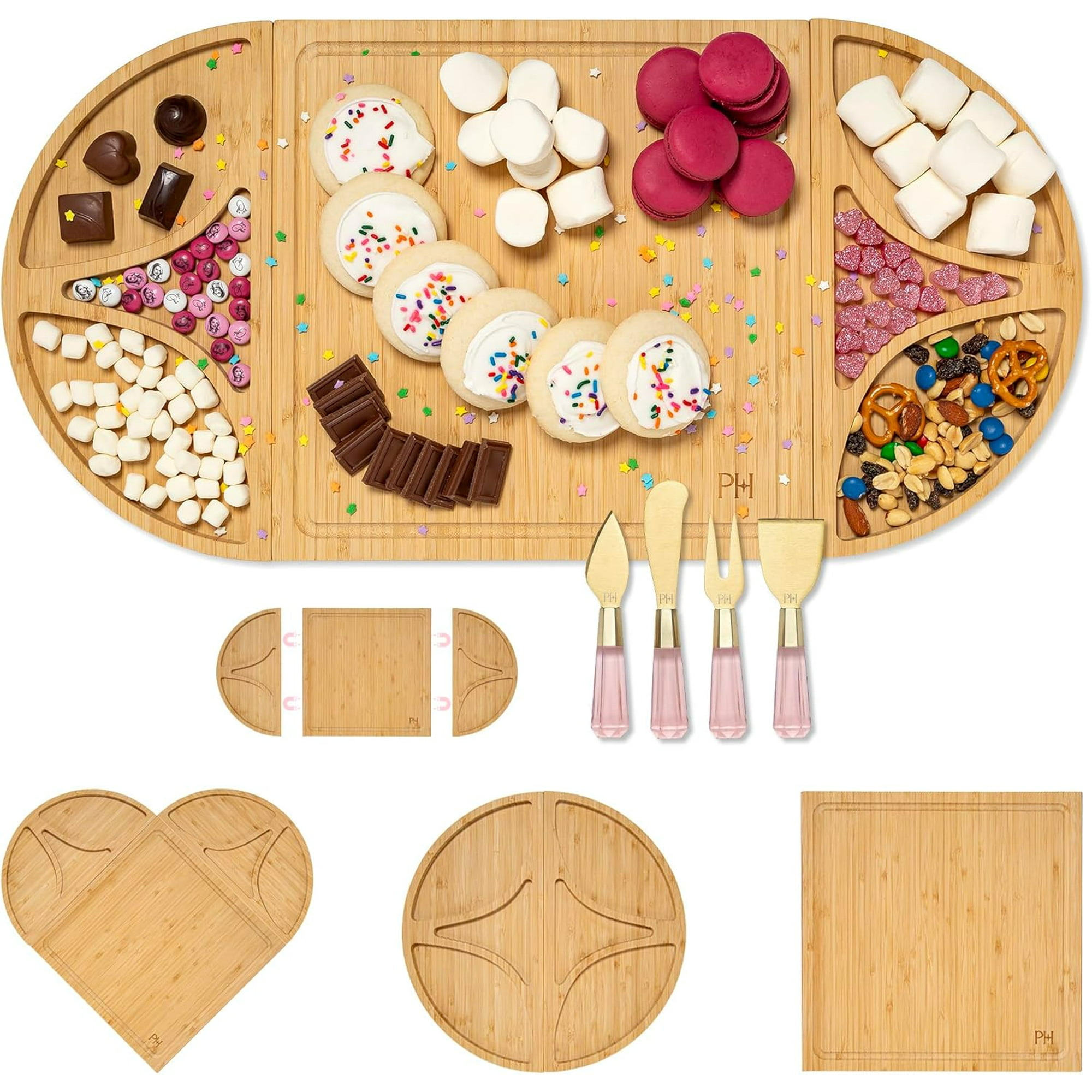 Paris Hilton charcuterie and serving set, customizable and magnetic bamboo board with cheese tools, 7-piece set, pink