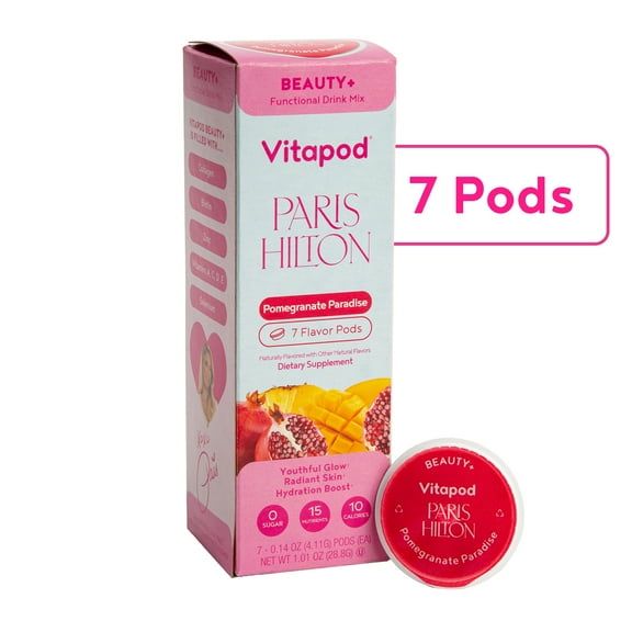 Paris Hilton x Vitapod Beauty+ Pomegranate Paradise Functional Drink Mix, 7 Pods, Sugar-Free, 10 Calories, Collagen, Biotin, Zinc, Antioxidants for Radiant, Youthful Skin