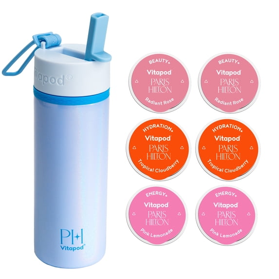 Paris Hilton x Vitapod Daily Wellness System - Poolside Blue 22oz Pearlescent Water Bottle & 6 Drink Mix Pod Sampler, Includes BEAUTY+, HYDRATION+, and ENERGY+ Functional Drink Mix Pods