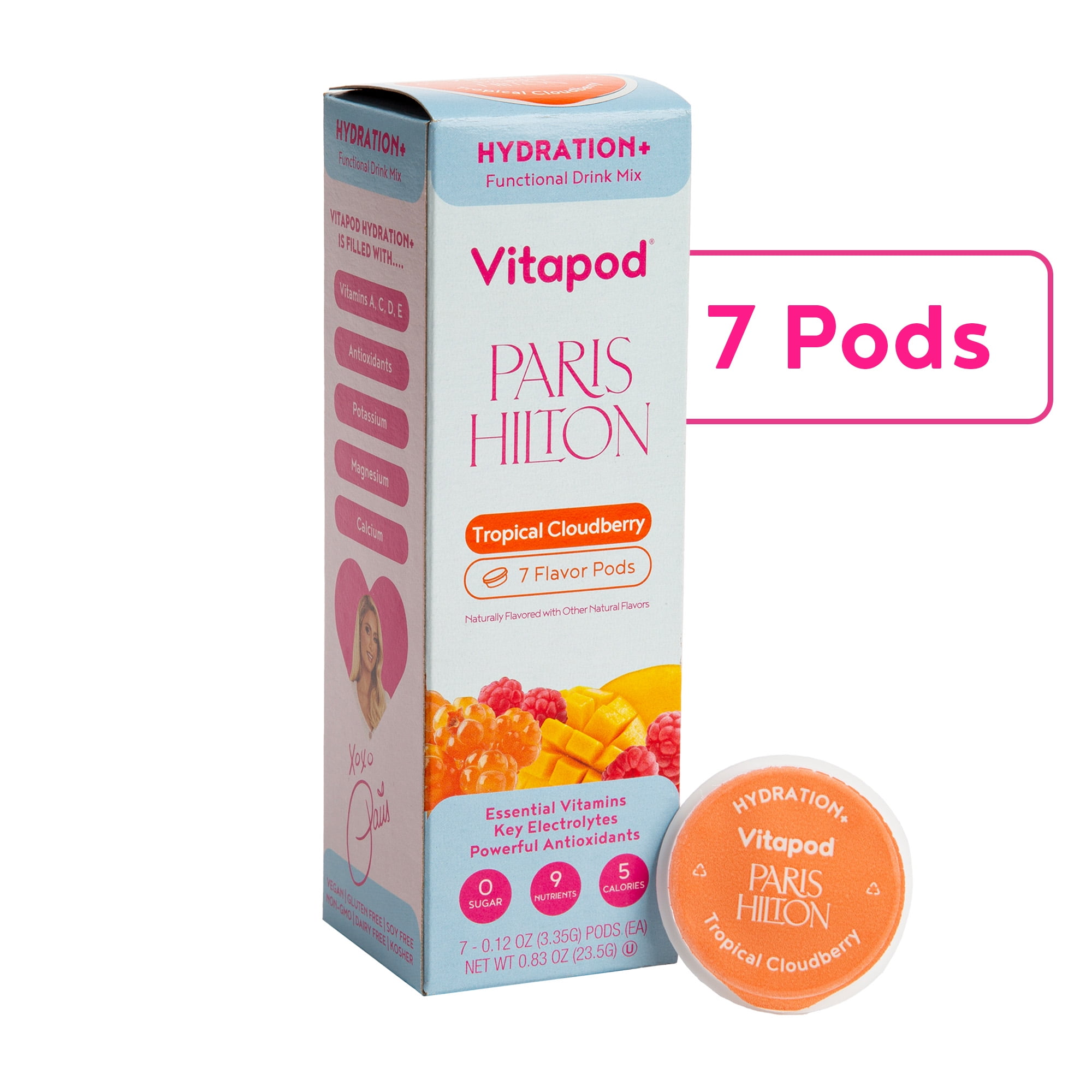 Paris Hilton x Vitapod Hydration+ Tropical Cloudberry Functional Drink Mix, 7 Pods, Sugar-Free, 5 Calories, Packed with Electrolytes, Antioxidants, and Essential Vitamins