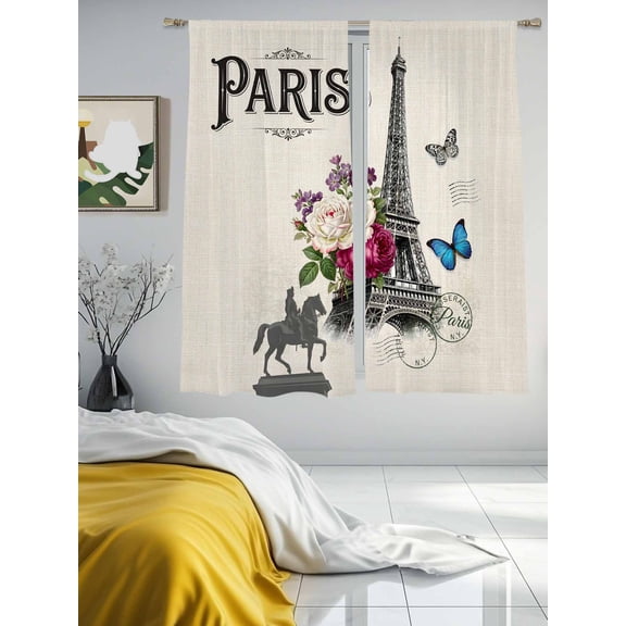 Paris Iconic Architecture Tower on Linen Chiffon Sheer Curtains 63 Inches Long Flower Butterfly Stamp Rod Pocket Window Curtains Voile Drapes Curtains for Living Room Bedroom,2 Panels