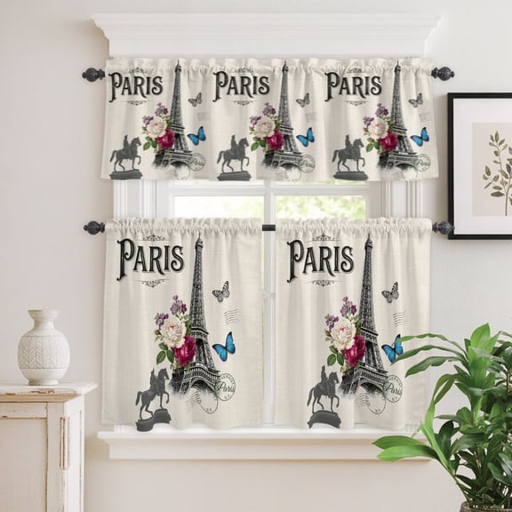 Paris Iconic Architecture Tower on Linen Curtain Tier and Valance Set 3 Piece,Flower Butterfly Stamp 3-inch Rod Pocket Window Tier Curtains Valance for Kitchen Living Room