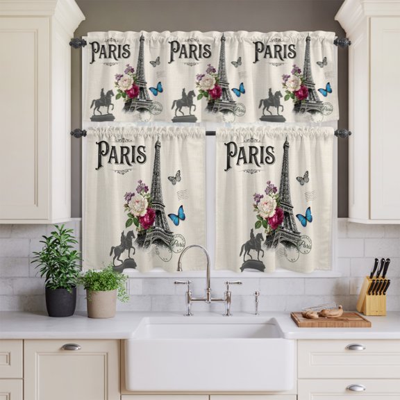 Paris Iconic Architecture Tower on Linen Curtain Tier and Valance Set 3 Piece,Flower Butterfly Stamp 3-inch Rod Pocket Window Tier Curtains Valance for Kitchen Living Room