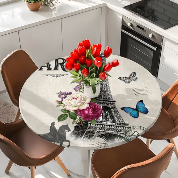 Paris Iconic Architecture Tower on Linen Round Fitted Tablecloth with Elastic Edge,Waterproof Table Cloth Fits 36"-44"Tables,Wipeable Table Cover for Indoor Outdoor Dinning,Flower Butterfly Stamp