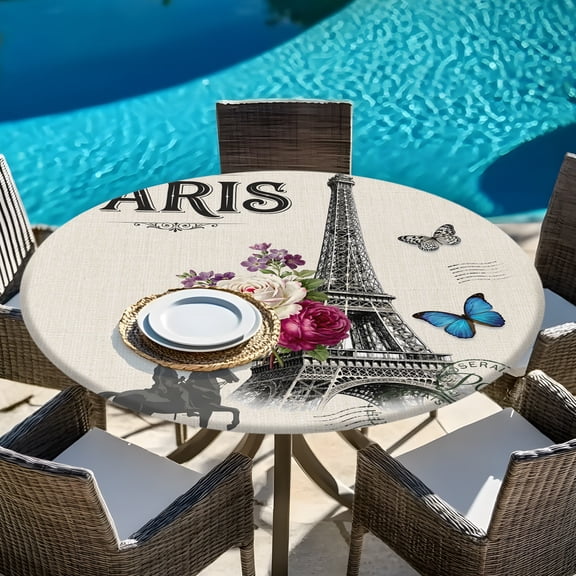 Paris Iconic Architecture Tower on Linen Round Fitted Tablecloth with Elastic Edge,Waterproof Table Cloth Fits 45"-54"Tables,Wipeable Table Cover for Indoor Outdoor Dinning,Flower Butterfly Stamp