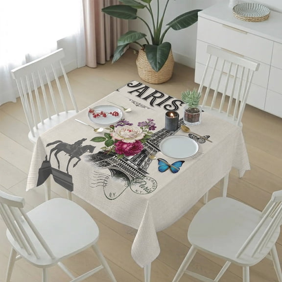 Paris Iconic Architecture Tower on Linen Table Cloth 54x54in, Waterproof Square Tablecloth Wipeable Tablecloths Flower Butterfly Stamp Table Covers for Dining Tables Party Indoor Outdoor
