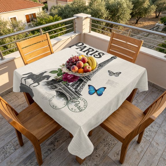 Paris Iconic Architecture Tower on Linen Table Cloth 60x60in, Waterproof Square Tablecloth Wipeable Tablecloths Flower Butterfly Stamp Table Covers for Dining Tables Party Indoor Outdoor