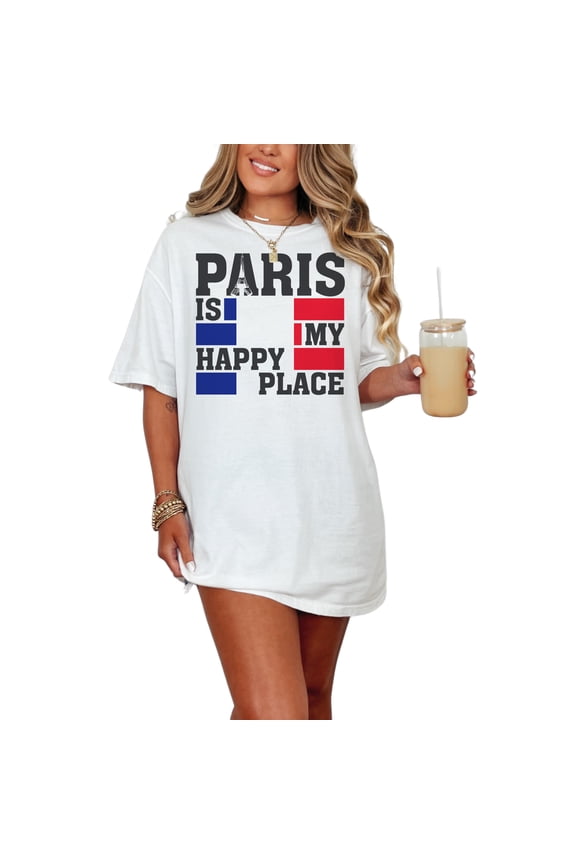 Paris Is My Happy Place Graphic, White Comfort Colors T-Shirt, Medium
