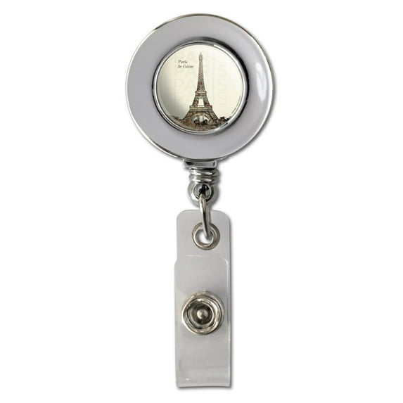 Paris, Je t'aime I Love You Eiffel Tower City Map Retractable Reel Chrome Badge ID Card Holder Clip