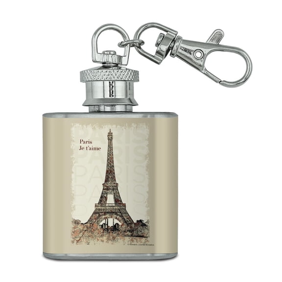 Paris, Je t'aime I Love You Eiffel Tower City Map Stainless Steel 1oz Mini Flask Key Chain