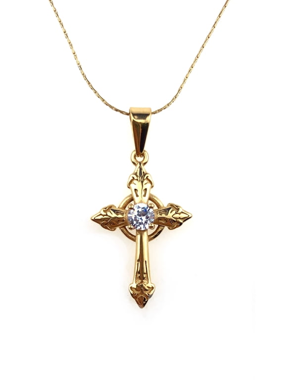18k Yellow Gold 1 ct Yellow Diamond Cross Stud Necklace 18 inch Plated by Paris Jewelry