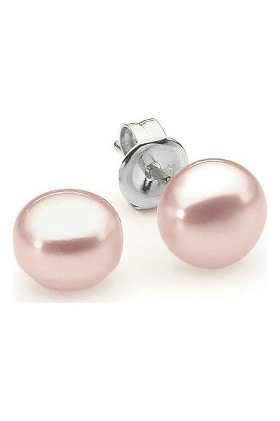 18K White Gold 10 mm Pink Pearl Button Stud Earrings Jewelry Gift for Women plated