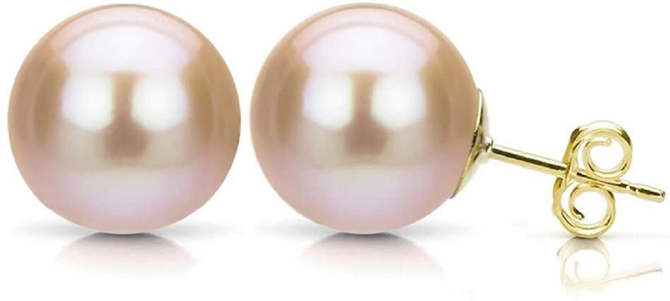 Paris Jewelry 18K Yellow Gold 10mm Pink Pearl Round Women Girls Stud Earrings