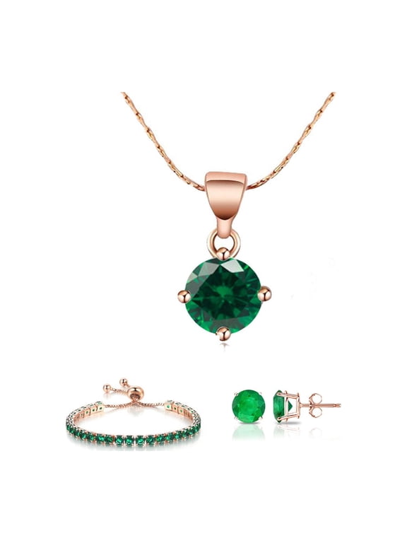 10k Rose Gold 7 Ct Round Created Emerald Set of Necklace, Earrings and Bracelet Plated